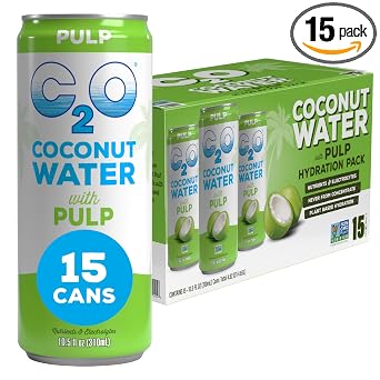 C2O - Coconut Water, The Original Flavor with Pulp (15 Pack) - Made with Fresh Coconut Water - Plant Based - Non GMO - Canned Water - Natural Hydration, Electrolytes, & Potassium - 15 Cans, 10.5 FL OZ