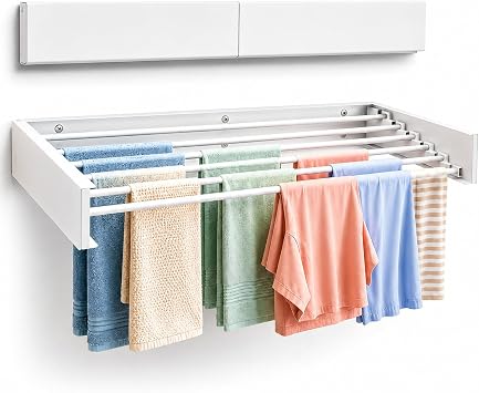Maplefield Wall Mounted Foldable Drying Rack - Heavy Duty 50 lb Laundry Rack - Rust Resistant Indoor & Outdoor Use - Easy Wall Mount Installation