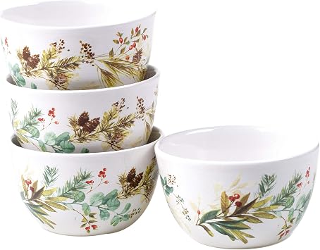 Christmas Story Ice Cream & Dessert Bowls – Set of 4 22 oz. Ceramic Holiday Bowls with Pinecone & Berry Winter Art – Festive Microwave & Dishwasher Safe Serving Bowls
