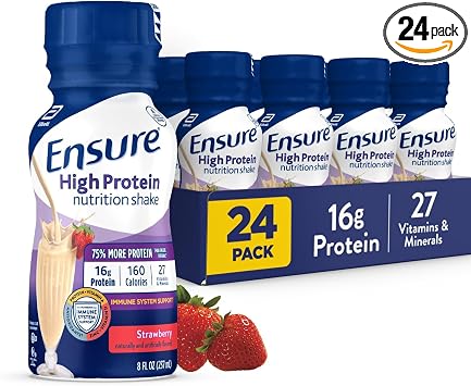 Ensure High Protein Strawberry Nutrition Shake, Ready to Drink, 16g Protein and 27 Vitamins and Minerals, 8 fl oz, 24 Pack