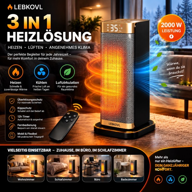🔥 LEBKOVL 3-in-1 Keramik-Heizlüfter 2000 W – Smarte Wärme, stilvolles Design & maximaler Komfort für dein Zuhause