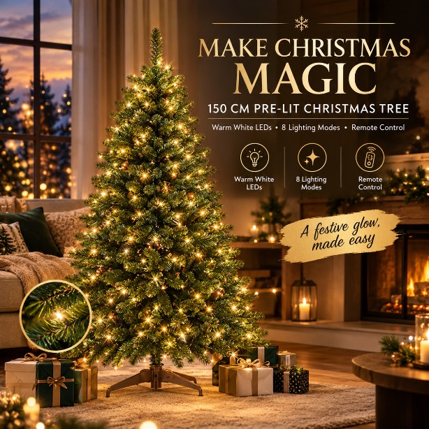 🎄 Make Christmas Magic ✨ | 150 cm Pre-Lit Christmas Tree with Warm White LEDs & Remote Control