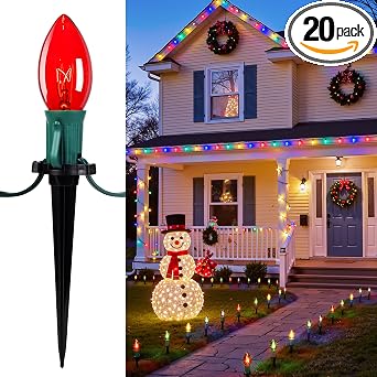 Christmas Pathway Lights Outdoor,25.7 Ft C9 Lights with 20 Multicolor Bulbs