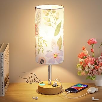Touch Bedside Table Lamp with USB - 3 Way Dimmable Floral Lamp for Bedroom Nightstand, Desk Lamp with Charging Station for Dorm, Living Room, Office, Kids Room, Small, 14in