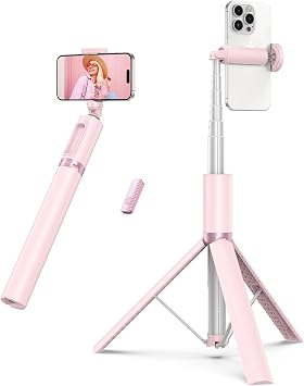 ATUMTEK 55" Selfie Stick Tripod, All-in-one Extendable Aluminum Phone Tripod with Rechargeable Bluetooth Remote for iPhone and More, Fitting 4.7-7 inch Smartphones, Pink