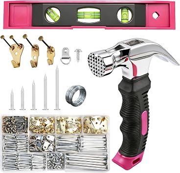 350PCS Picture Hanging Kit,Hammer and Nails Set with Hooks, D Ring,Wire, Wall Hanging Kit,Magnetic Level and Small Claw Hammer Mirror Hanging Kit with Heavy Duty Picture Hanging