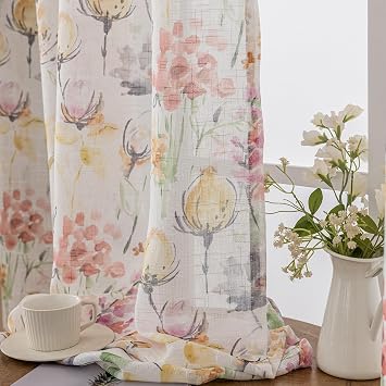 SUOUO Pink Orange Floral Semi Sheer Curtains 84 Inch 2 Panels Rod Pocket