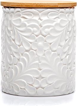 25DOL XXL 94 Oz Engraved Ceramic Kitchen Canister, Airtight Bamboo Lid