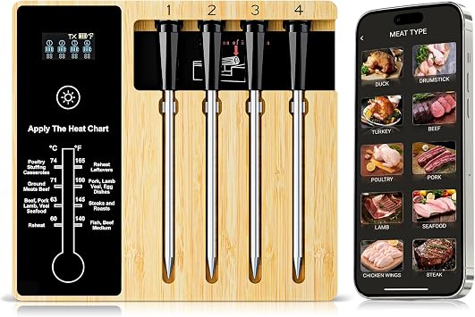 Wireless Meat Thermometer for Grilling 4 Probes, Remote Bluetooth Digital Thermometer, Super Stability and Accuracy, Electric Smart Meat Thermometer for Cooking and Smoker, NIGOGOR for iOS & Android